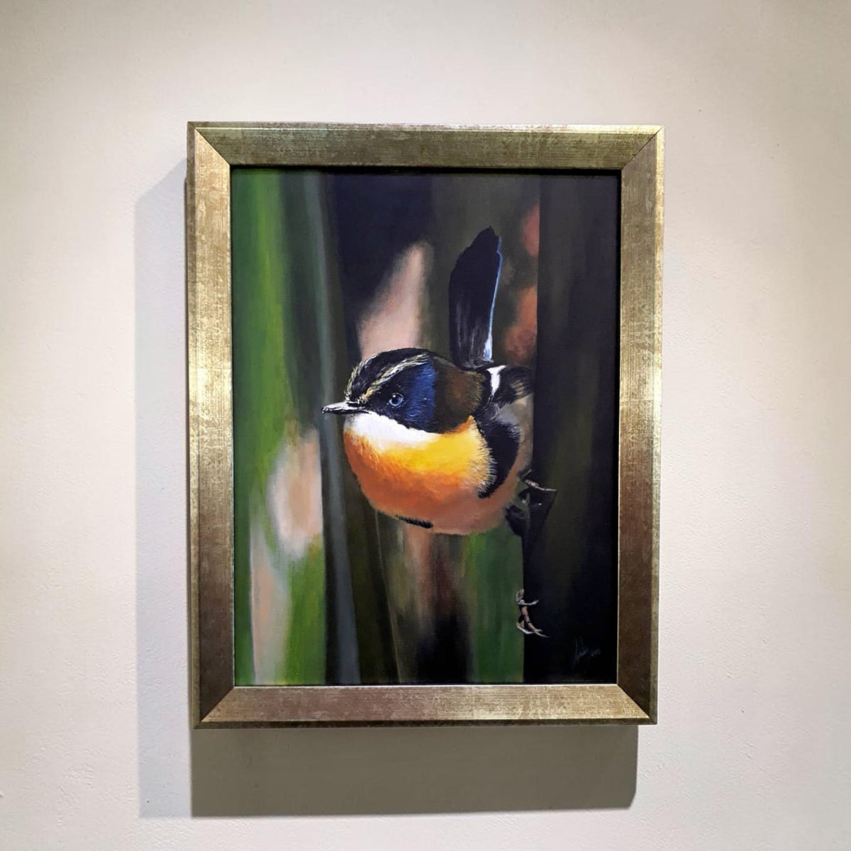 Siete colores en un junco, pintura original enmarcada de Gabriela Esparza