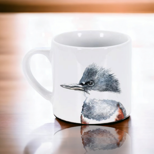 Taza de café espresso blanca con ilustración de un Martín Pescador".